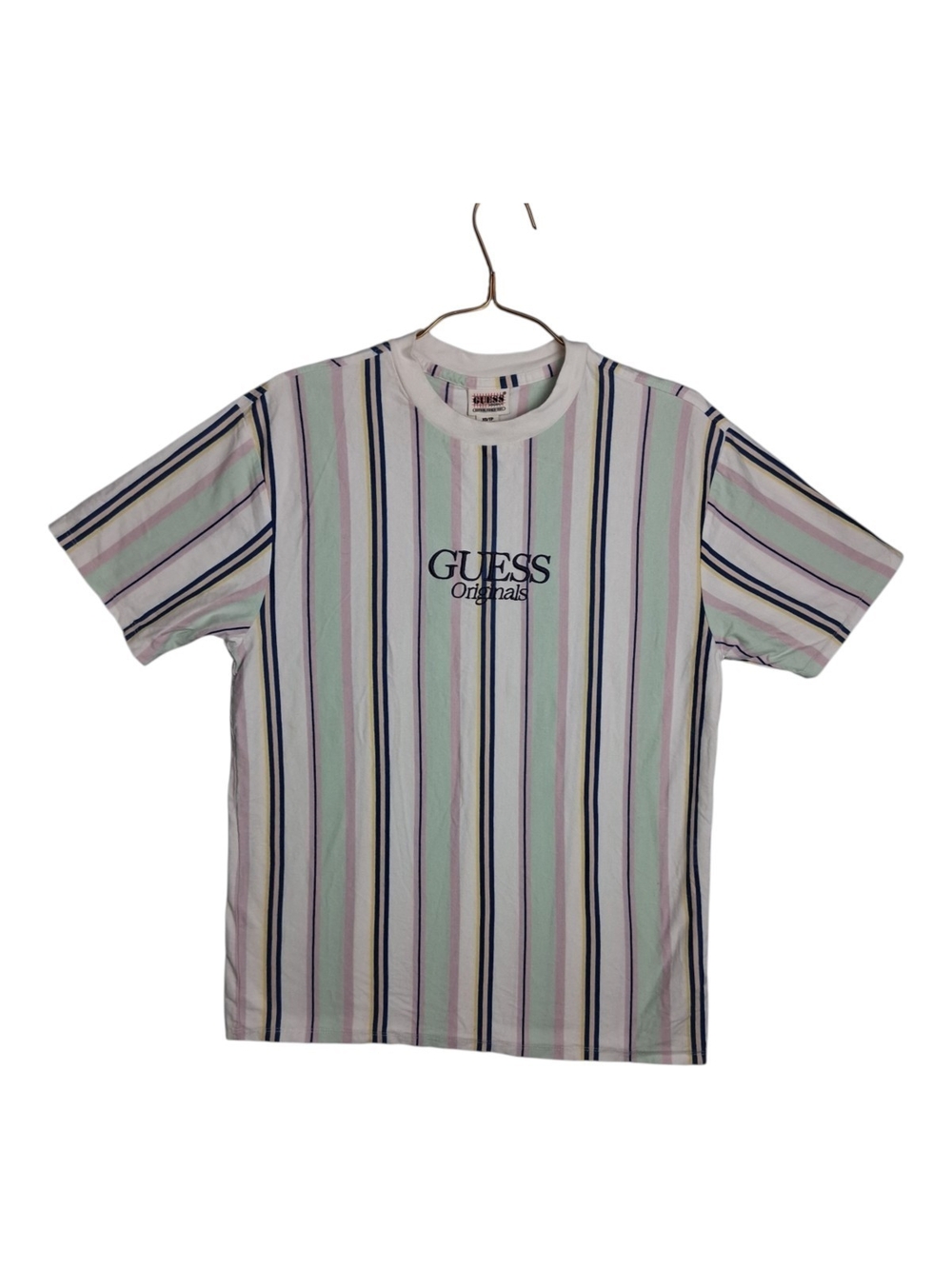 GUESS Originals Striped T Shirt Mens XS Pastel Vertical Stripe Embroidered Logo